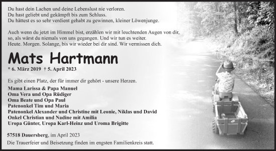 Traueranzeige von Mats Hartmann von Siegener Zeitung