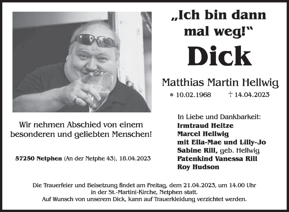  Traueranzeige für Matthias Martin Hellwig vom 18.04.2023 aus Siegener Zeitung
