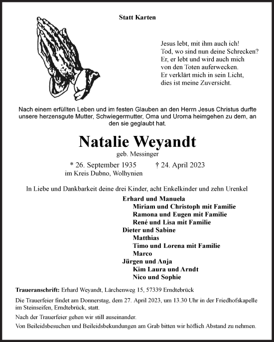 Traueranzeige von Natalie Weyandt von Siegener Zeitung
