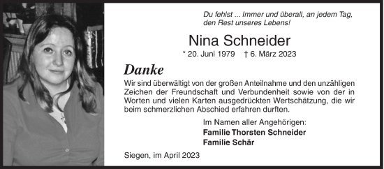 Traueranzeige von Nina Schneider von Siegener Zeitung