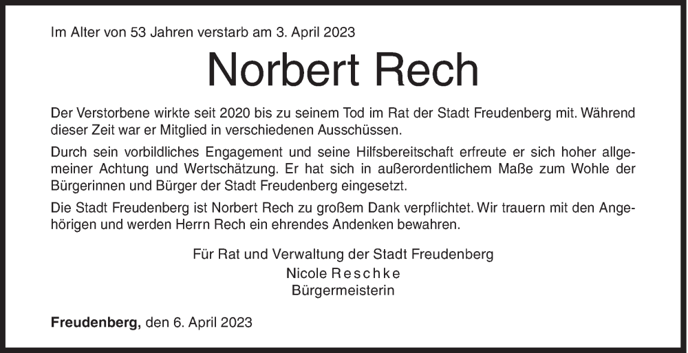  Traueranzeige für Norbert Rech vom 06.04.2023 aus Siegener Zeitung