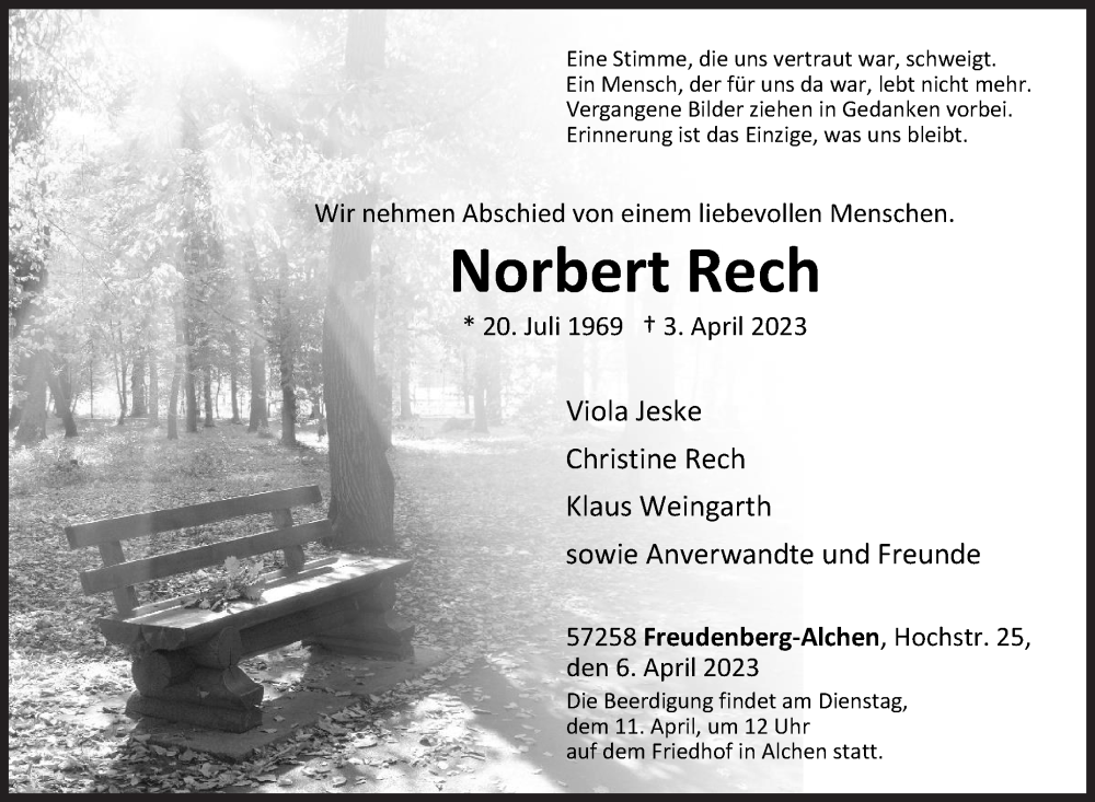  Traueranzeige für Norbert Rech vom 06.04.2023 aus Siegener Zeitung
