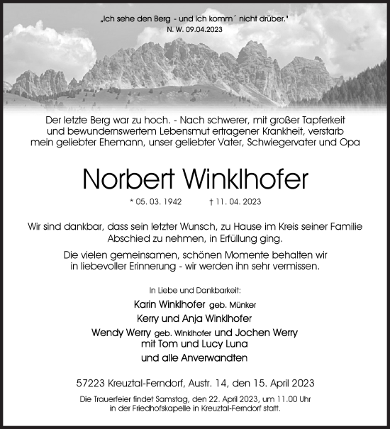 Traueranzeige von Norbert Winklhofer von Siegener Zeitung