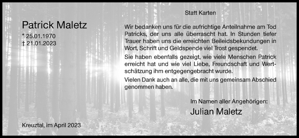  Traueranzeige für Patrick Maletz vom 01.04.2023 aus Siegener Zeitung