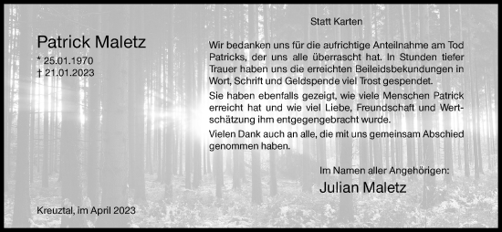 Traueranzeige von Patrick Maletz von Siegener Zeitung