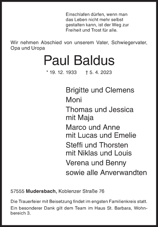 Traueranzeige von Paul Baldus von Siegener Zeitung