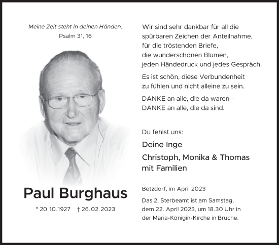 Traueranzeige von Paul Burghaus von Siegener Zeitung