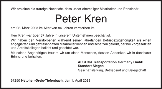Traueranzeige von Peter Kren von Siegener Zeitung