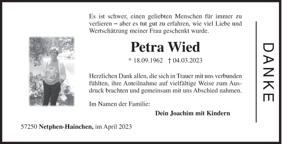 Traueranzeige von Petra Wied von Siegener Zeitung