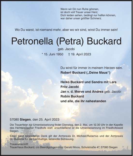 Traueranzeige von Petronella  Buckard von Siegener Zeitung