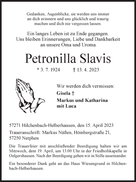 Traueranzeige von Petronilla Slavis von Siegener Zeitung