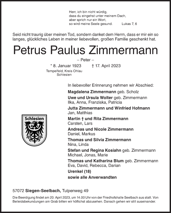 Traueranzeige von Petrus  Zimmermann von Siegener Zeitung