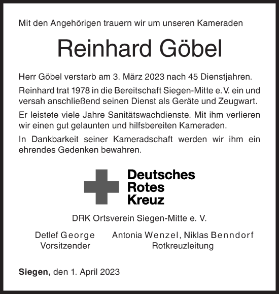 Traueranzeige von Reinhard Göbel von Siegener Zeitung