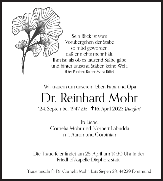 Traueranzeige von Reinhard Mohr von Siegener Zeitung