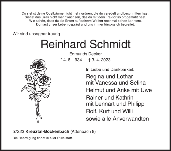 Traueranzeige von Reinhard Schmidt von Siegener Zeitung