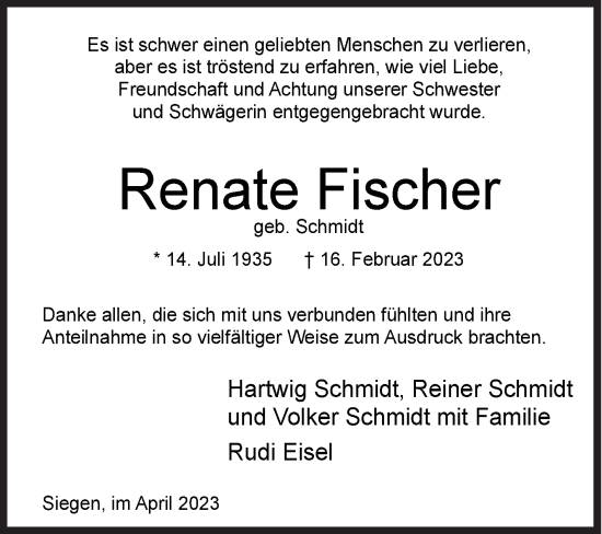 Traueranzeige von Renate Fischer von Siegener Zeitung