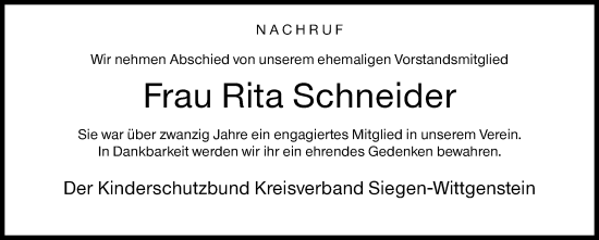 Traueranzeige von Rita Schneider von Siegener Zeitung