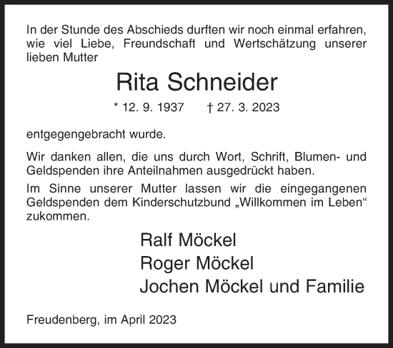Traueranzeige von Rita Schneider von Siegener Zeitung