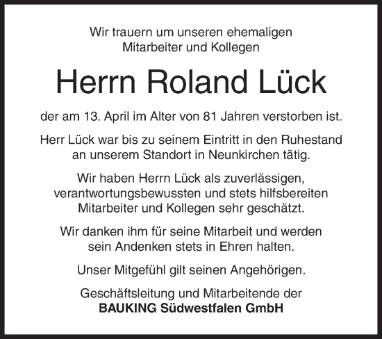 Traueranzeige von Roland Lück von Siegener Zeitung