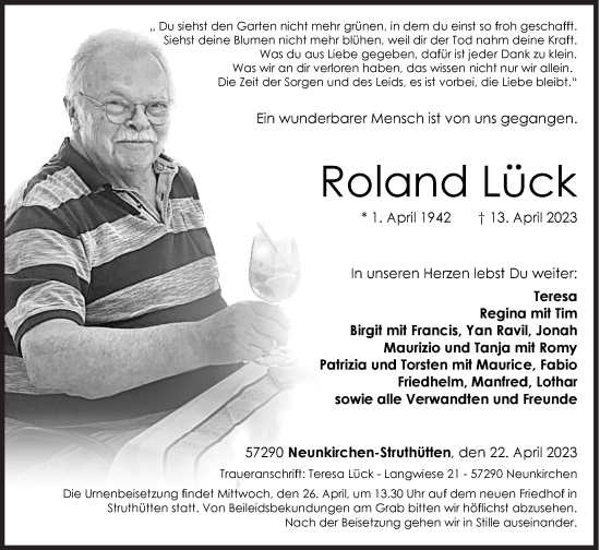 Traueranzeige von Roland Lück von Siegener Zeitung