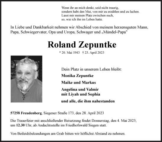 Traueranzeige von Roland Zepuntke von Siegener Zeitung