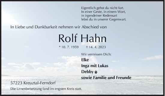Traueranzeige von Rolf Hahn von Siegener Zeitung