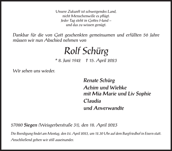 Traueranzeige von Rolf Schürg von Siegener Zeitung