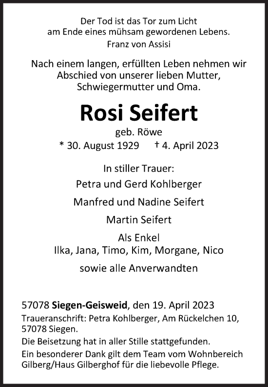 Traueranzeige von Rosi Seifert von Siegener Zeitung