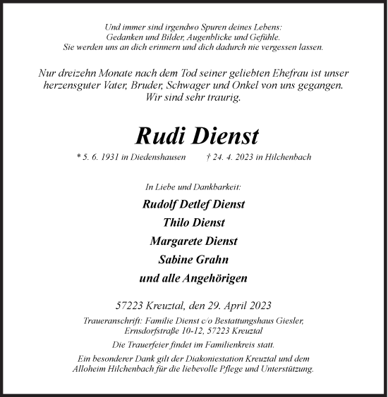 Traueranzeige von Rudi Dienst von Siegener Zeitung