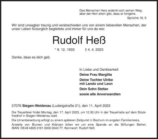 Traueranzeige von Rudolf Heß von Siegener Zeitung