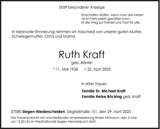 Traueranzeige von Ruth Karft von Siegener Zeitung
