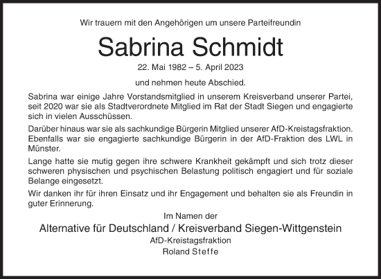 Traueranzeige von Sabrina Schmidt von Siegener Zeitung