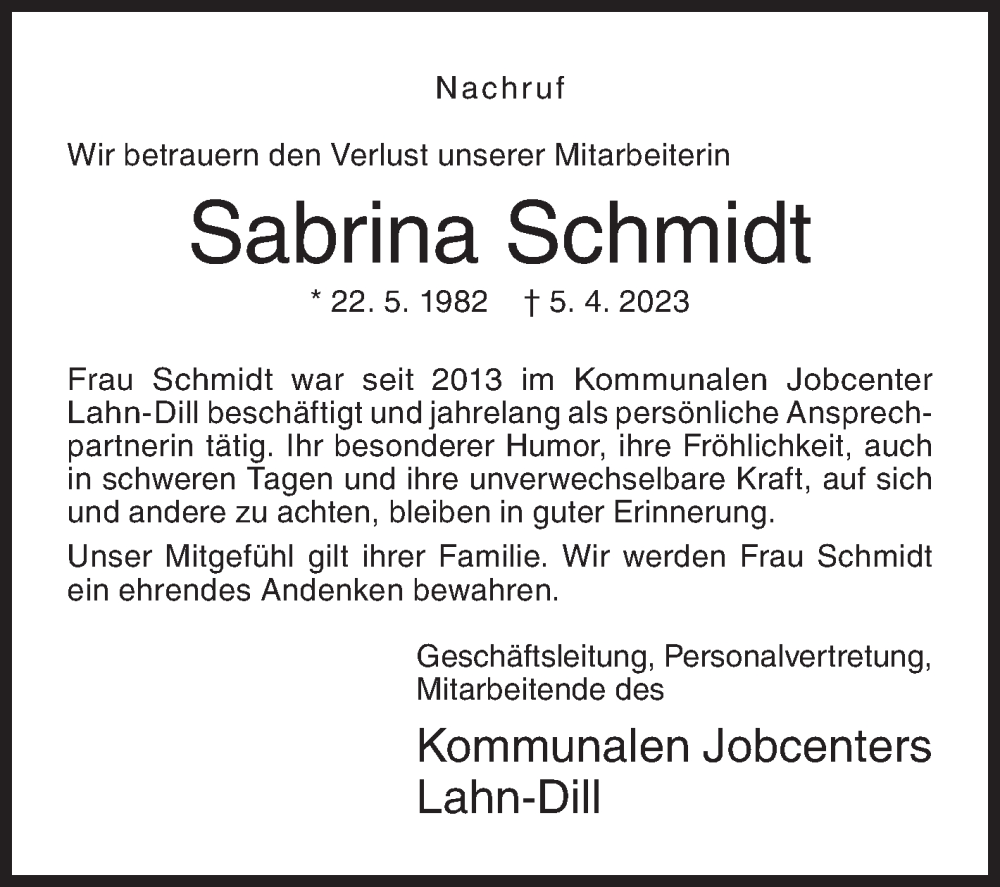  Traueranzeige für Sabrina Schmidt vom 19.04.2023 aus Siegener Zeitung