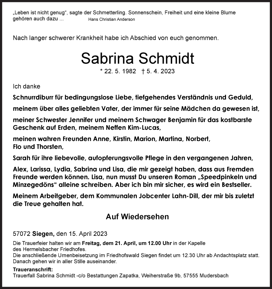 Traueranzeige für Sabrina Schmidt vom 15.04.2023 aus Siegener Zeitung