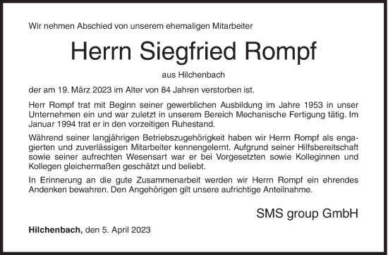 Traueranzeige von Siegfried Rompf von Siegener Zeitung