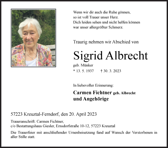 Traueranzeige von Sigrid Albrecht von Siegener Zeitung