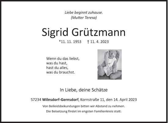 Traueranzeige von Sigrid Grützmann von Siegener Zeitung