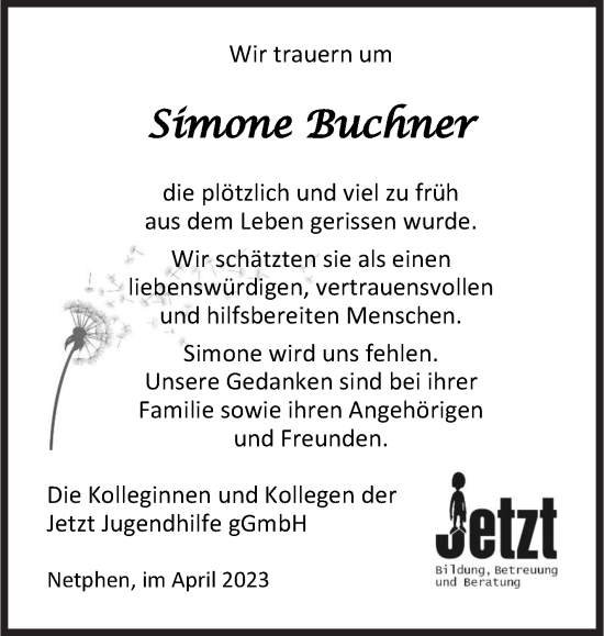 Traueranzeige von Simone Buchner von Siegener Zeitung