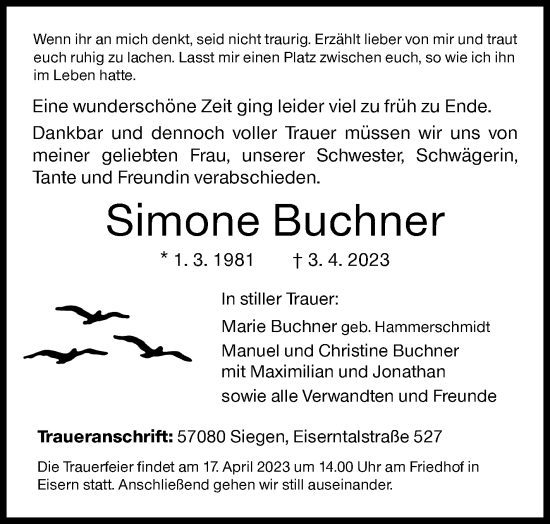 Traueranzeige von Simone Buchner von Siegener Zeitung