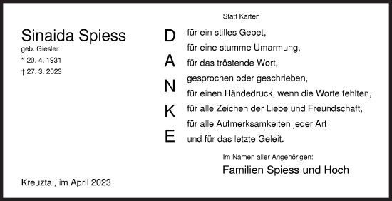 Traueranzeige von Sinaida Spiess von Siegener Zeitung