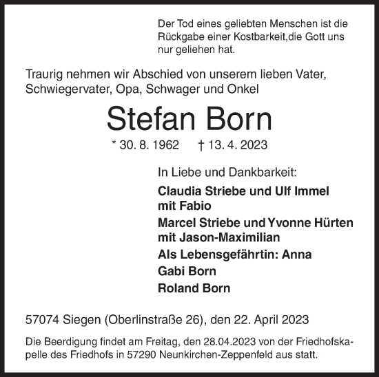 Traueranzeige von Stefan Born von Siegener Zeitung