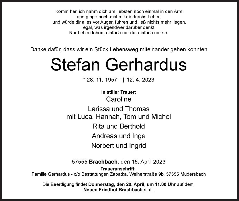  Traueranzeige für Stefan Gerhardus vom 15.04.2023 aus Siegener Zeitung
