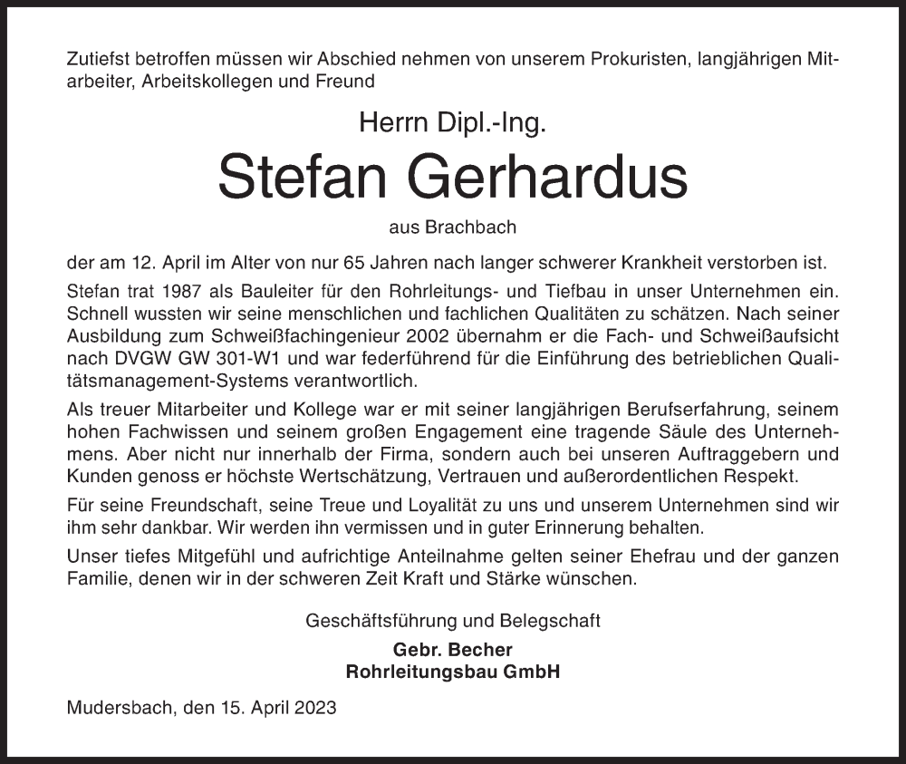  Traueranzeige für Stefan Gerhardus vom 15.04.2023 aus Siegener Zeitung