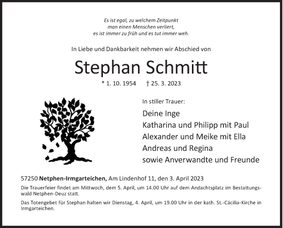 Traueranzeige von Stephan Schmitt von Siegener Zeitung
