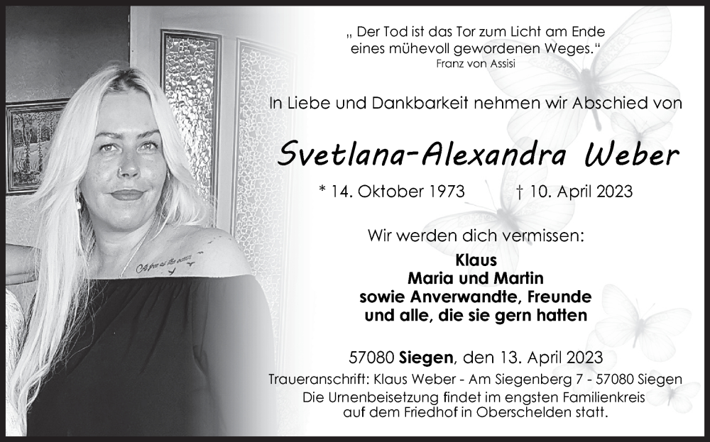  Traueranzeige für Svetlana-Alexandra Weber vom 13.04.2023 aus Siegener Zeitung