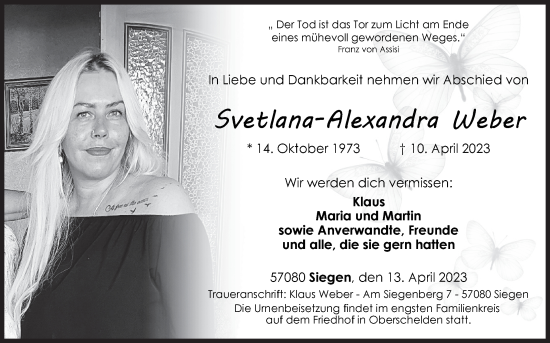 Traueranzeige von Svetlana-Alexandra Weber von Siegener Zeitung