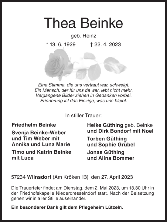 Traueranzeige von Thea Beinke von Siegener Zeitung