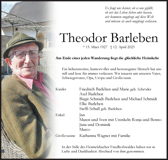 Traueranzeige von Theodor Barleben von Siegener Zeitung