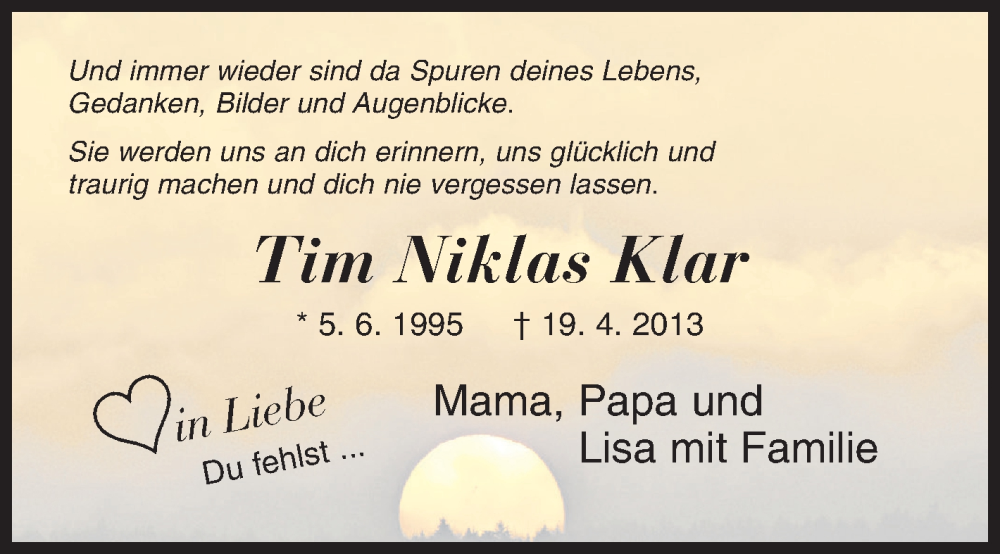  Traueranzeige für Tim Niklas Klar vom 19.04.2023 aus Siegener Zeitung
