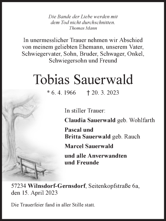 Traueranzeige von Tobias Sauerwald von Siegener Zeitung